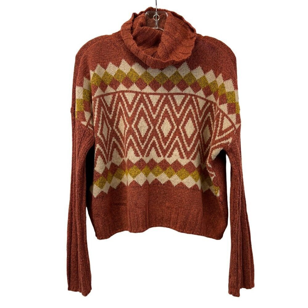 So Women’s Turtleneck Cropped Sweater Multicolor Argyle Print Long Sleeve M New